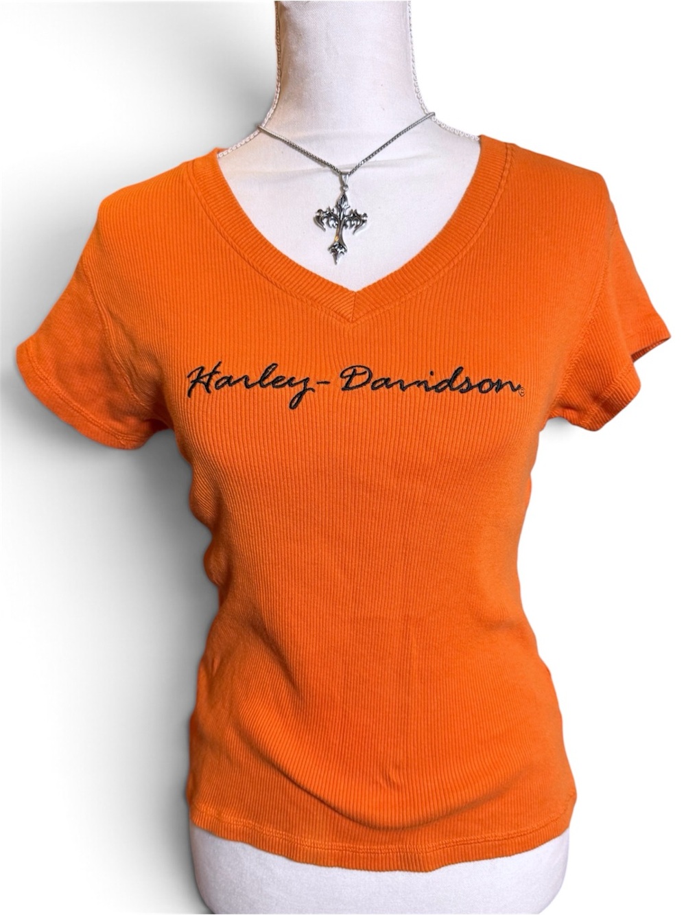 HARLEY DAVIDSON ORANGE RIBBED TEE CURSIVE FONT 🖤